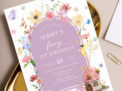 Fairy 1st Birthday Invitation Template, Blush Wildflower Garden (Digital Download)