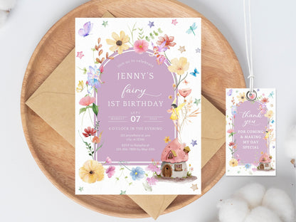 Fairy 1st Birthday Invitation Template, Blush Wildflower Garden (Digital Download)