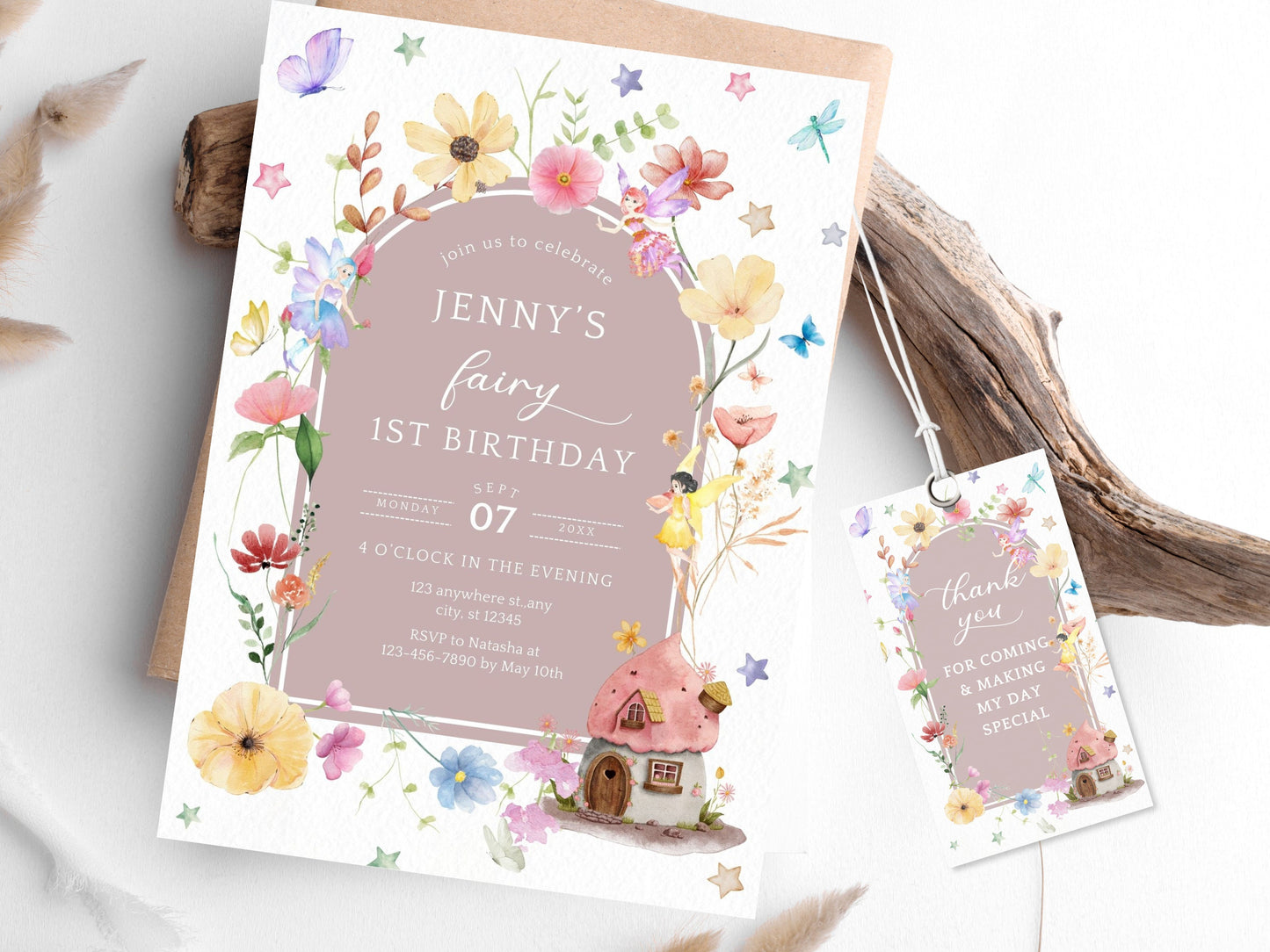 Fairy First Birthday Invitation Template, Blush Boho Wildflower (Digital Download)