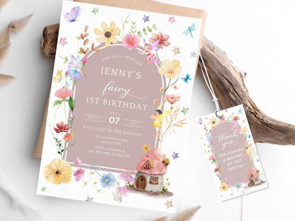 Fairy First Birthday Invitation Template, Blush Boho Wildflower (Digital Download)