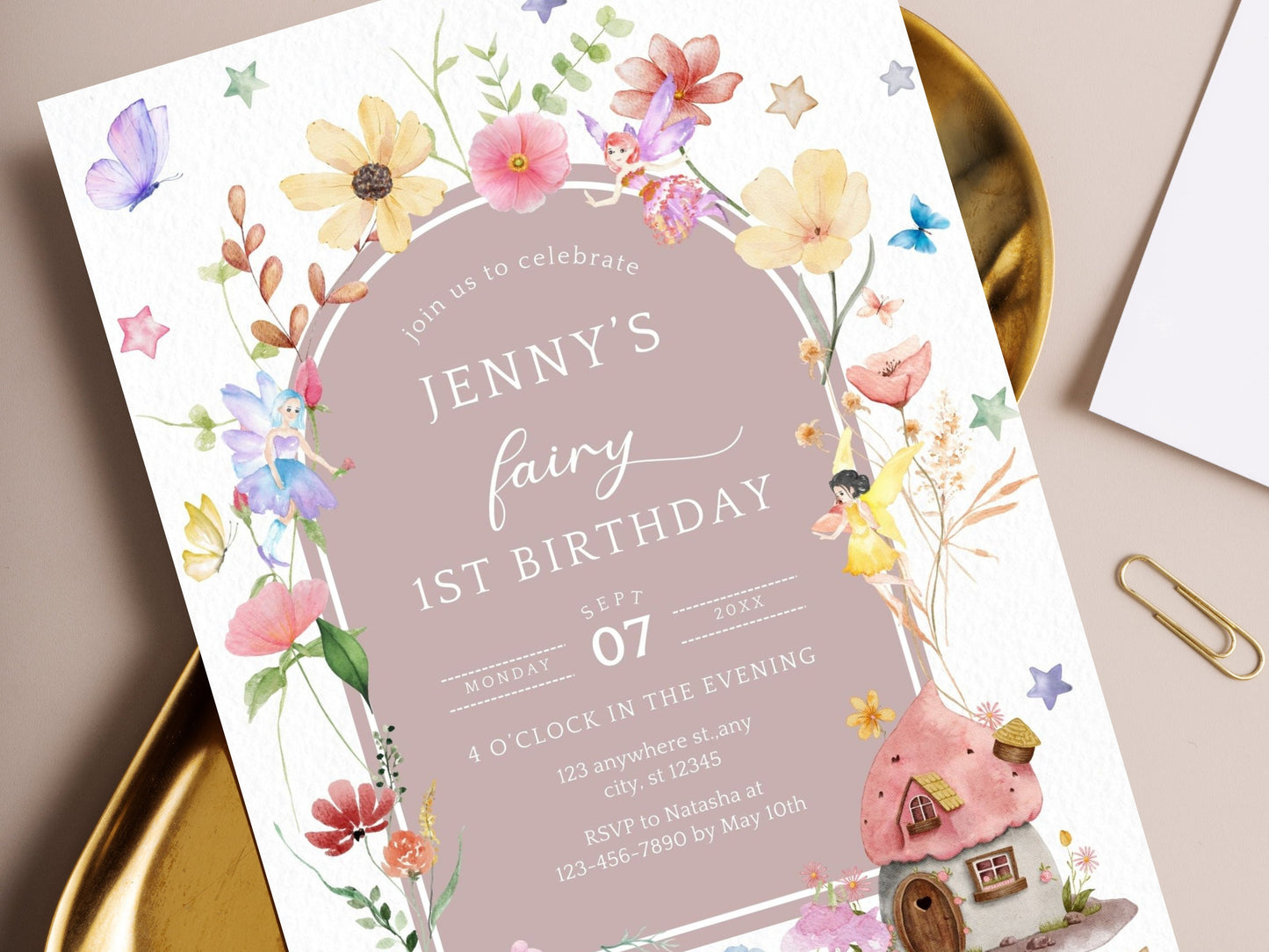 Fairy First Birthday Invitation Template, Blush Boho Wildflower (Digital Download)