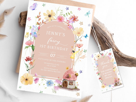 Fairy First Birthday Invitation Template, Blush Wildflower, Garden Party Invite (Digital Download)