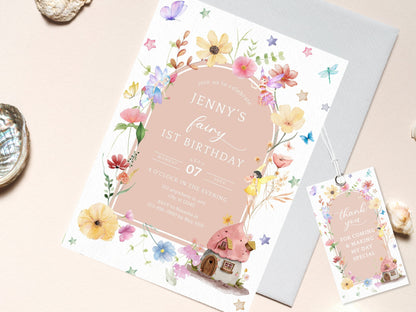 Fairy First Birthday Invitation Template, Blush Wildflower, Garden Party Invite (Digital Download)