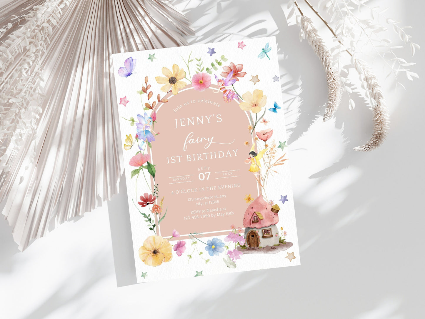 Fairy First Birthday Invitation Template, Blush Wildflower, Garden Party Invite (Digital Download)