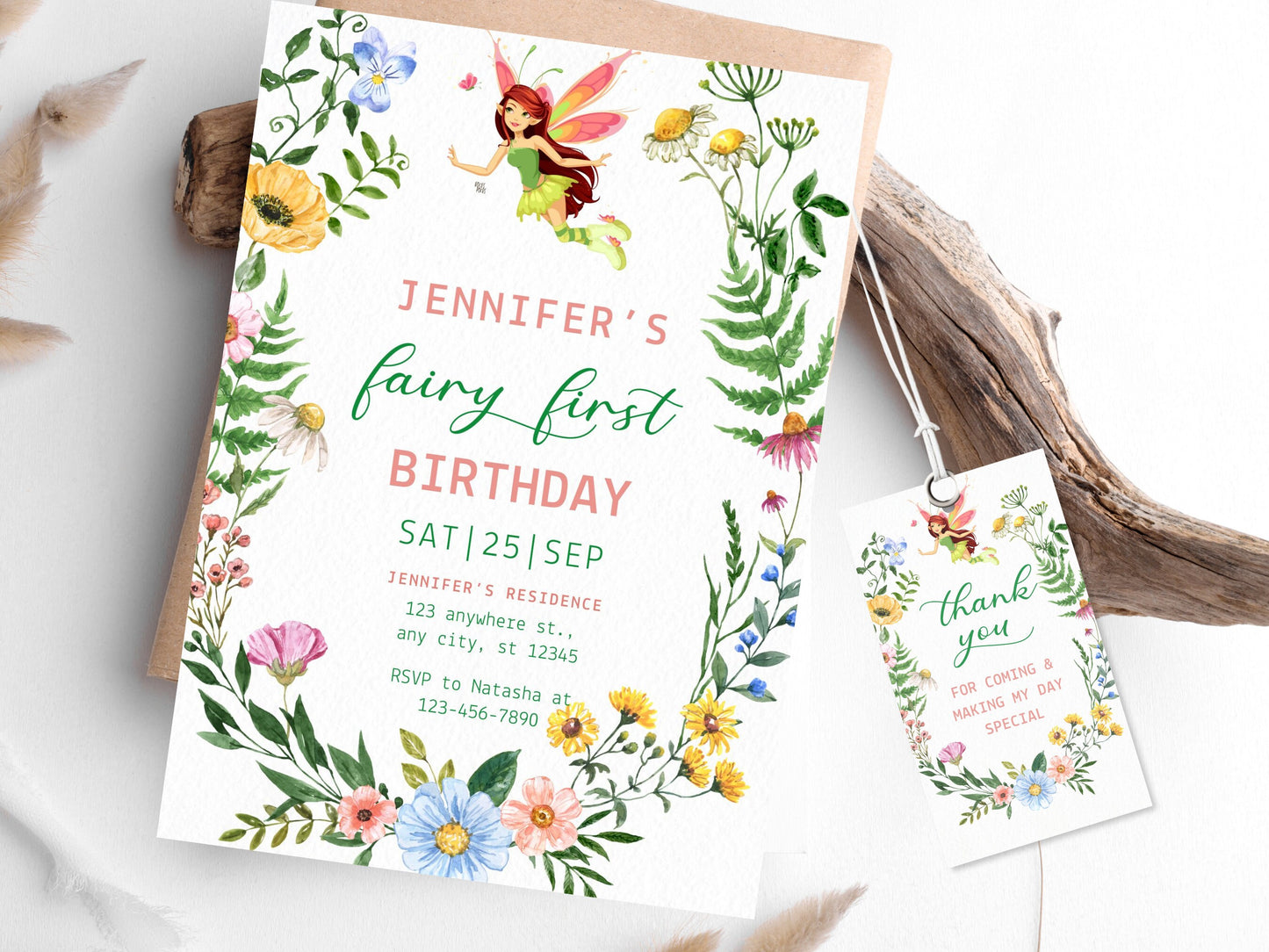 Floral Fairy First Birthday Invitation Template (Digital Download)