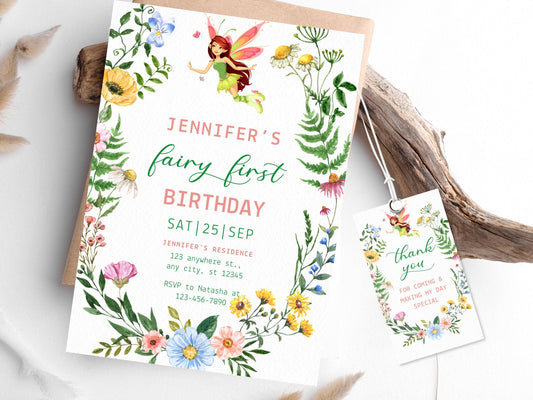 Floral Fairy First Birthday Invitation Template (Digital Download)