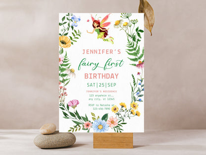 Floral Fairy First Birthday Invitation Template (Digital Download)