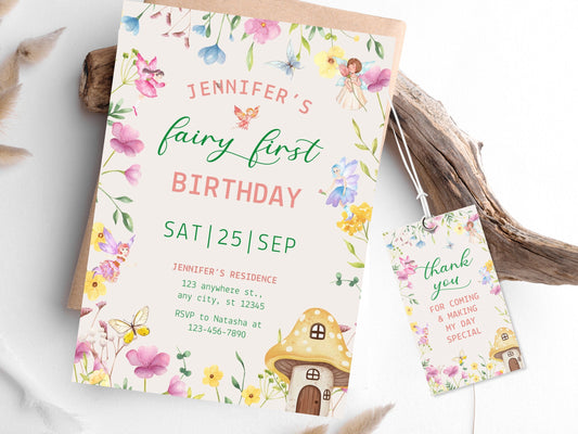 Fairy First Birthday Invitation Template, Floral Garden Party (Digital Download)
