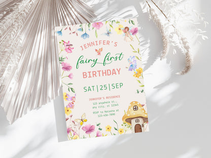 Fairy First Birthday Invitation Template, Floral Garden Party (Digital Download)