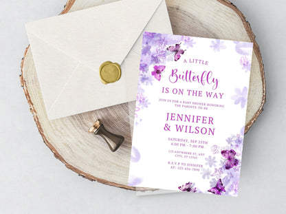 Butterfly Baby Shower Invitation Template, Purple Floral Invite (Digital Download)