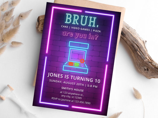 Editable Neon Arcade Birthday Invitation Template (Digital Download)
