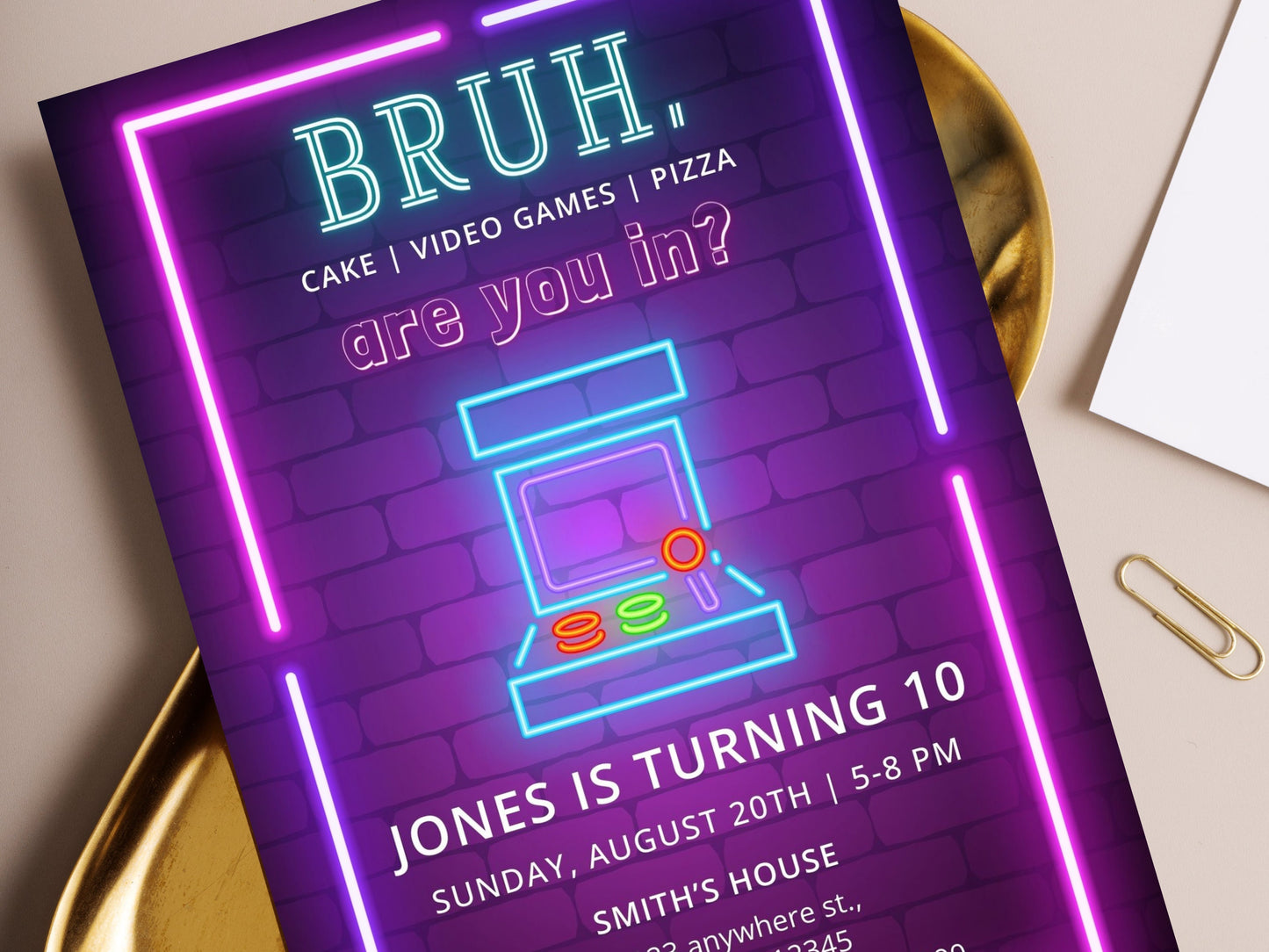 Editable Neon Arcade Birthday Invitation Template (Digital Download)