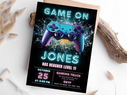 Level Up Video Game Birthday Invitation, Neon Arcade (Editable Template)