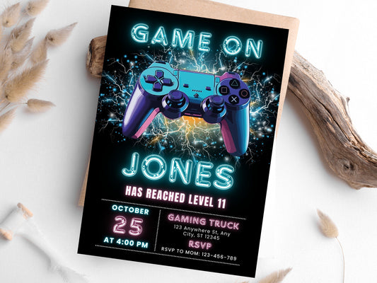 Level Up Video Game Birthday Invitation, Neon Arcade (Editable Template)