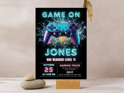 Level Up Video Game Birthday Invitation, Neon Arcade (Editable Template)
