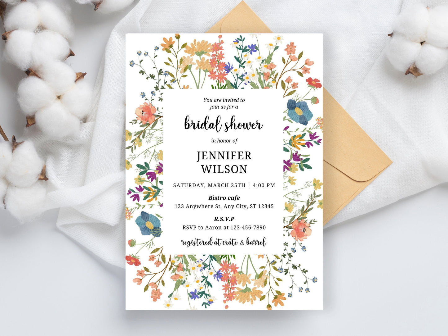 Wildflower Bridal Shower Invitation Template, Boho Floral Evite (PDF)