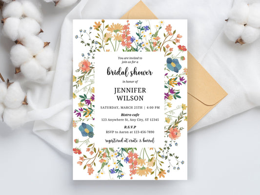 Wildflower Bridal Shower Invitation Template, Boho Floral Evite (PDF)