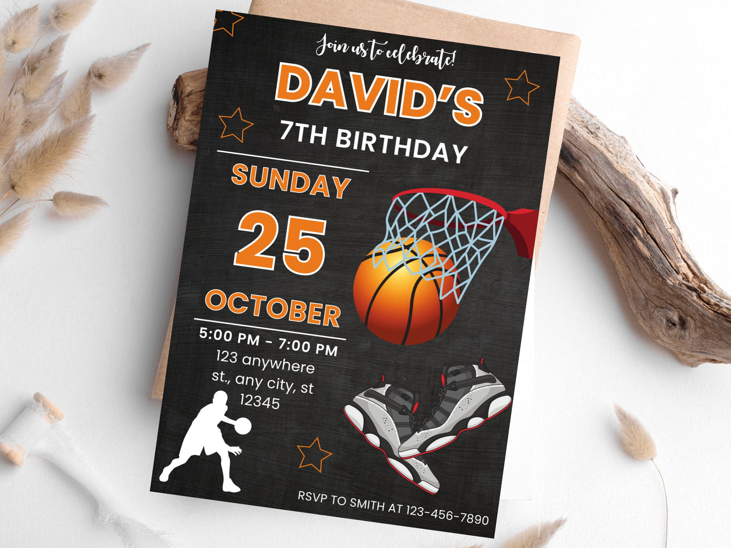 Vorlage für eine bearbeitbare Basketball-Geburtstagseinladung (Digitaler Download)