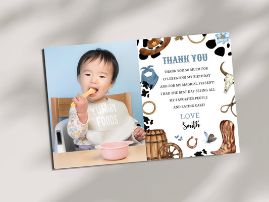 Meine erste Rodeo-Dankeskarte mit Foto, bearbeitbare Cowboy-Geburtstagsvorlage