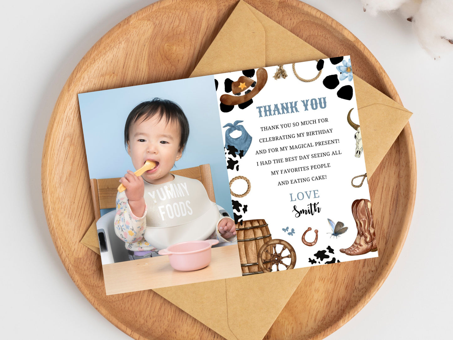 My First Rodeo Thank You Card With Photo, Editable Cowboy Birthday Template