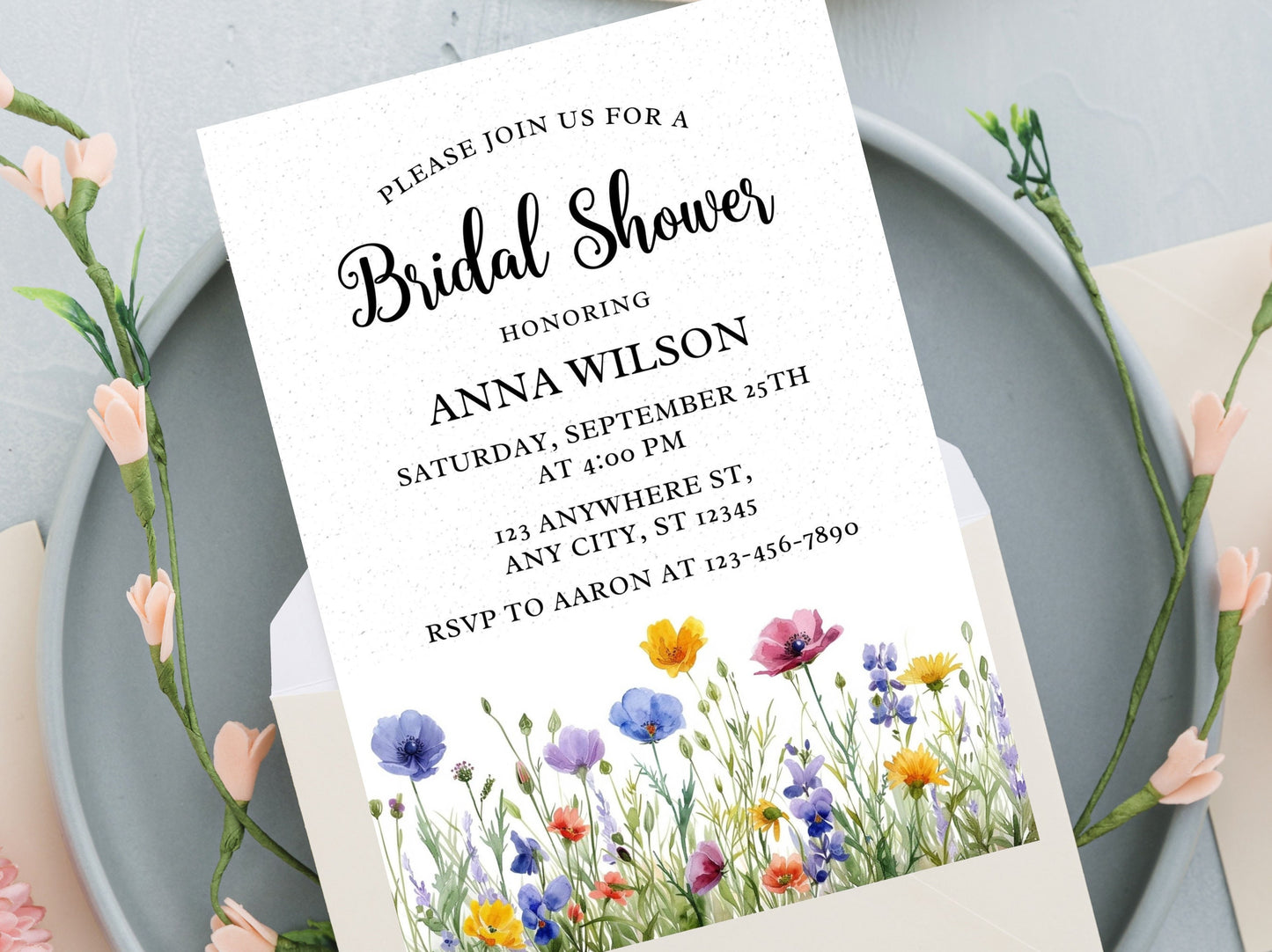 Wildflower Bridal Shower Invitation Template, Floral Spring Invite (Editable, Printable)