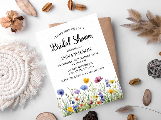 Wildflower Bridal Shower Invitation Template, Floral Spring Invite (Editable, Printable)