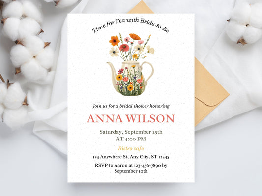 Wildflower Bridal Shower Tea Party Invitation Template (Digital Download)