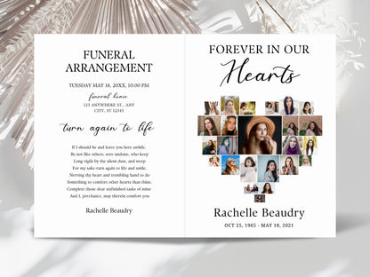 Heart Collage Funeral Program Template, Photo Memorial (Digital Download)