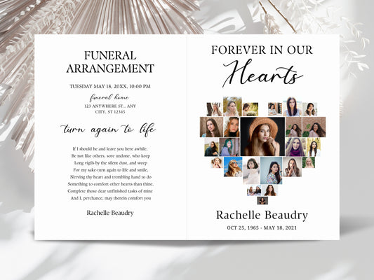 Heart Collage Funeral Program Template, Photo Memorial (Digital Download)