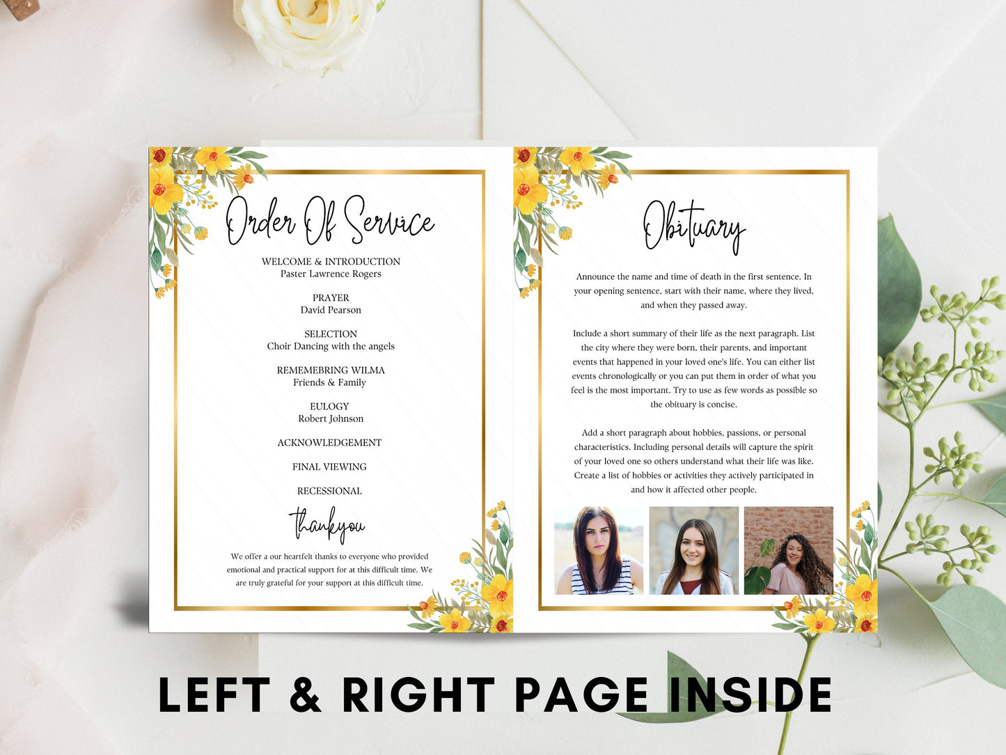 Editable Funeral Program Template, Floral Memorial Service (Digital Download)