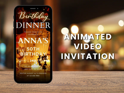 Animated Birthday Dinner Video Invitation Template, Black and Gold (Digital)