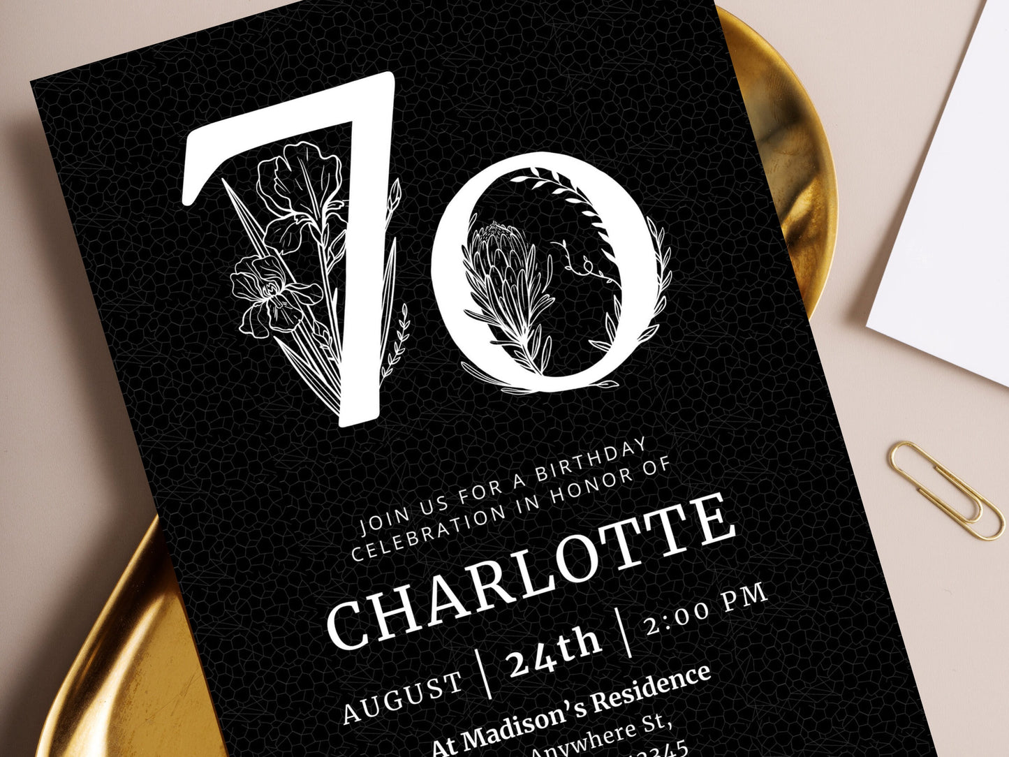 Elegant Floral 70th Birthday Invitation Template (Digital Download)