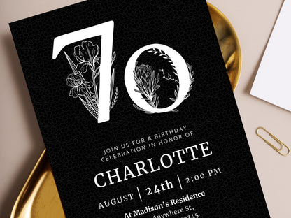 Elegant Floral 70th Birthday Invitation Template (Digital Download)