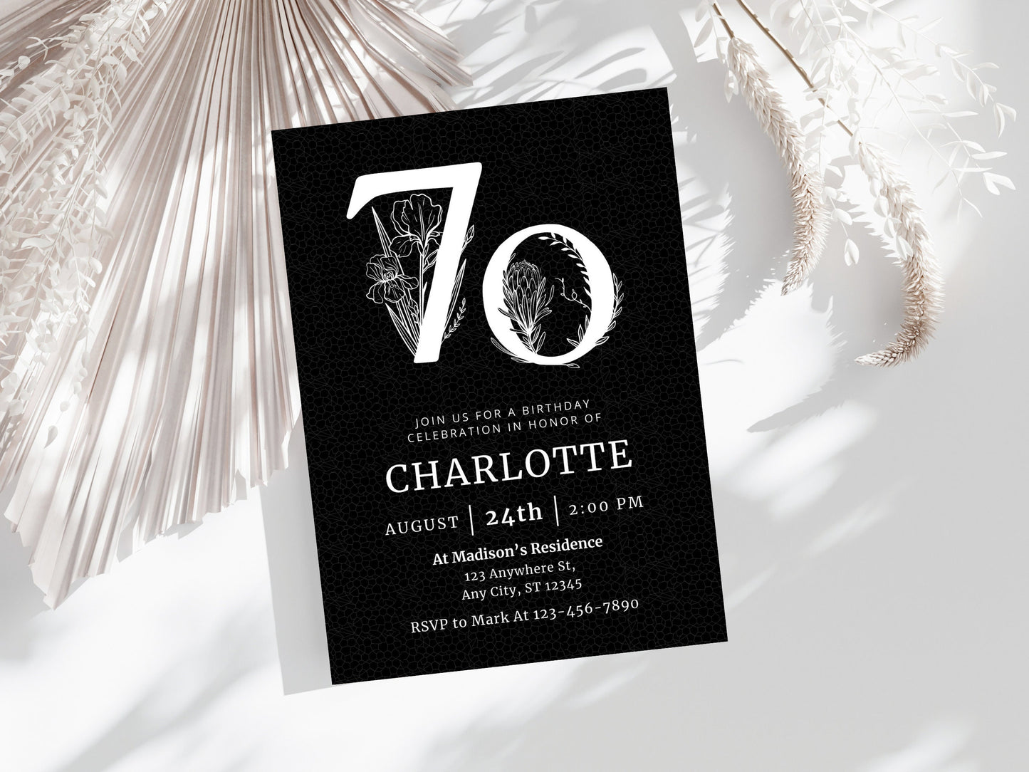 Elegant Floral 70th Birthday Invitation Template (Digital Download)
