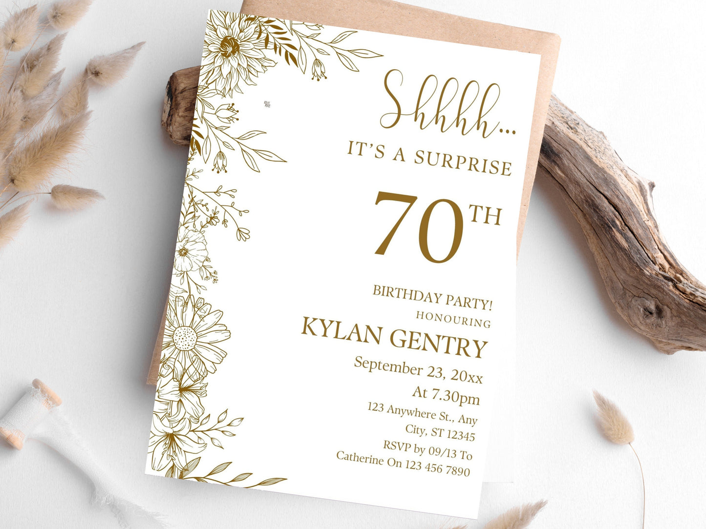 Floral 70th Birthday Invitation Template, Editable Photo Invite (Digital Download)