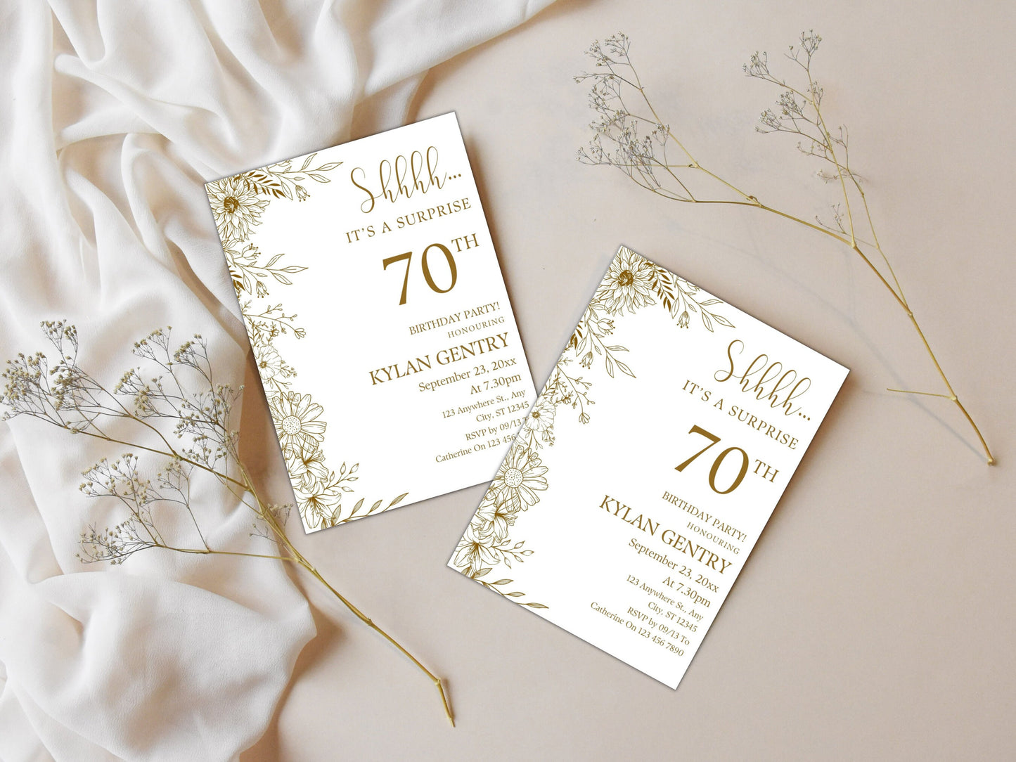 Floral 70th Birthday Invitation Template, Editable Photo Invite (Digital Download)