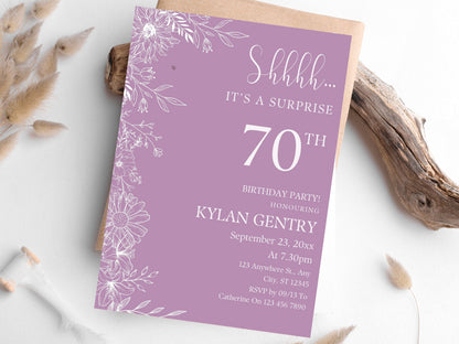 Floral 70th Birthday Invitation Template, Photo, Editable (Digital Download)