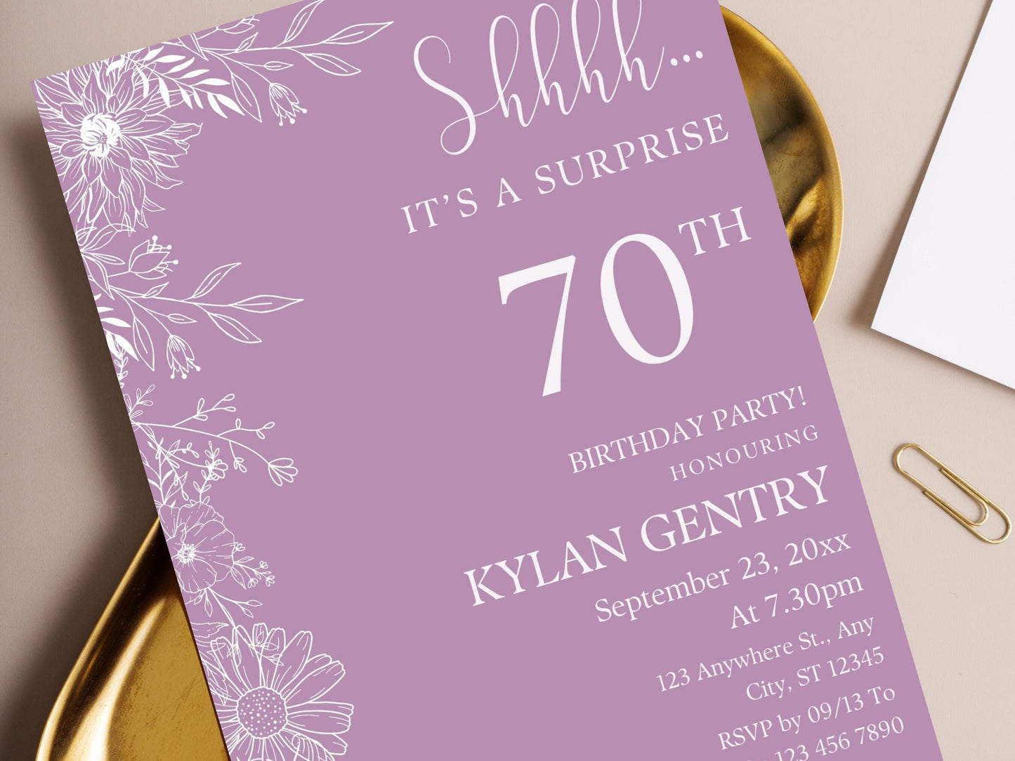 Floral 70th Birthday Invitation Template, Photo, Editable (Digital Download)