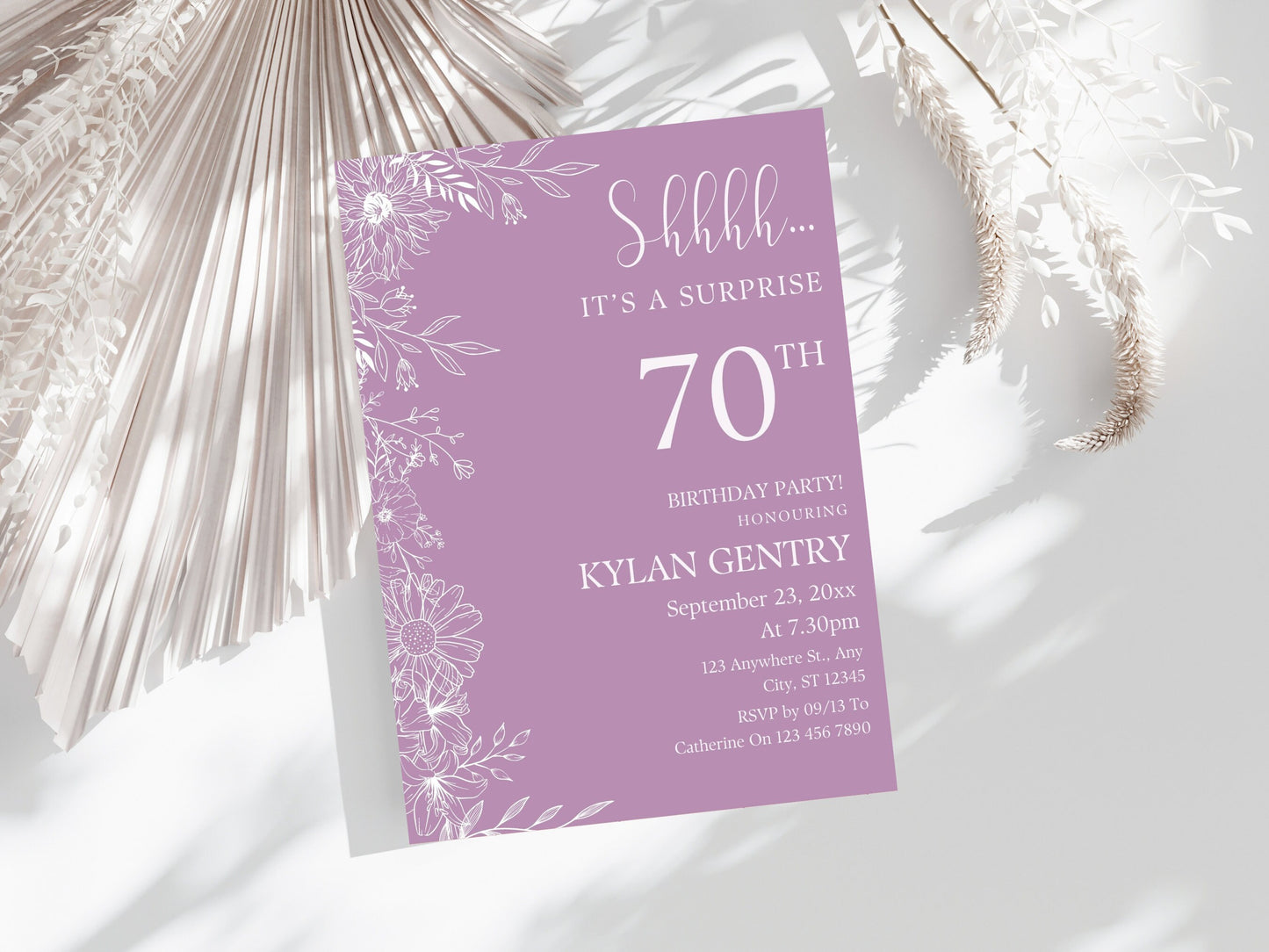 Floral 70th Birthday Invitation Template, Photo, Editable (Digital Download)