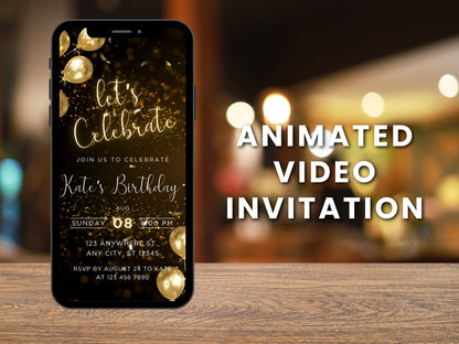 Animated Black and Gold Birthday Dinner Invitation Template (MP4 Video)