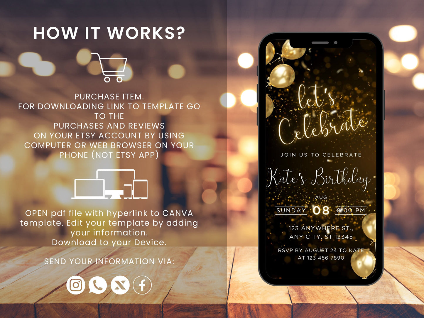 Animated Black and Gold Birthday Dinner Invitation Template (MP4 Video)