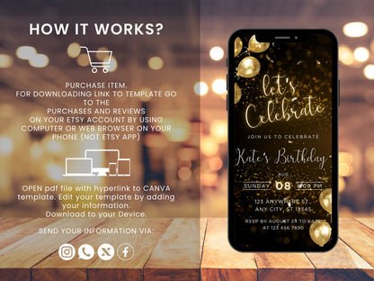 Animated Black and Gold Birthday Dinner Invitation Template (MP4 Video)
