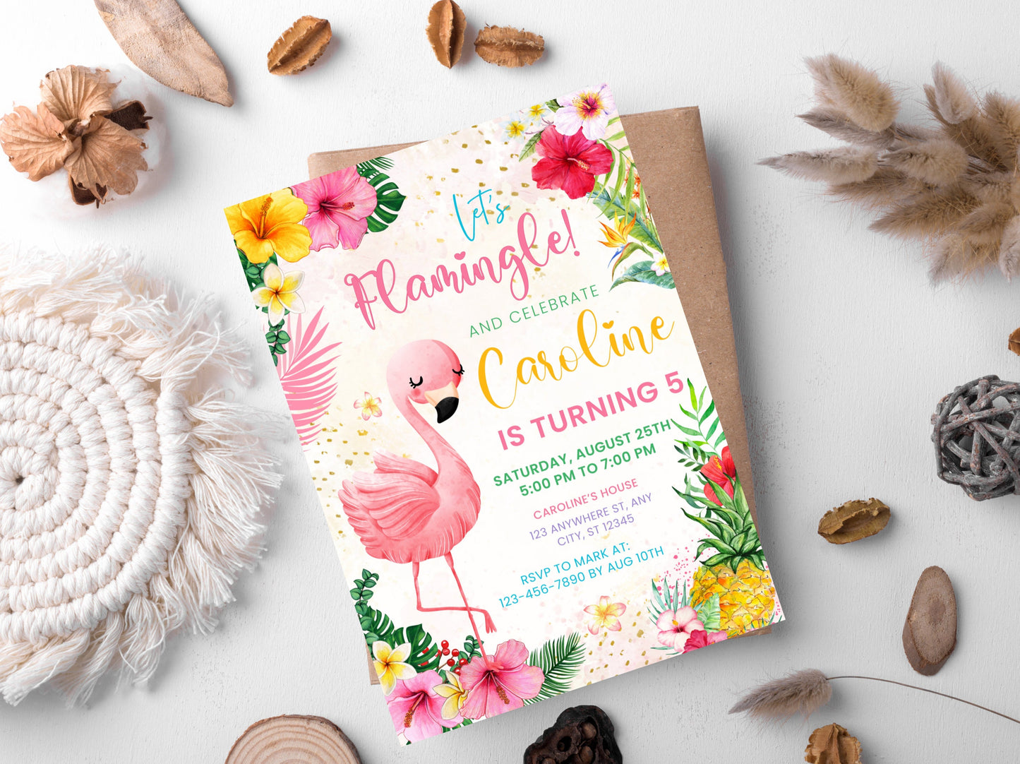 Flamingo-Geburtstagseinladung, tropische Poolparty, bearbeitbare Vorlage (digitaler Download)