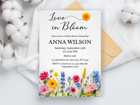 Wildflower Bridal Shower Invitation Template, Floral Party (Instant Download)