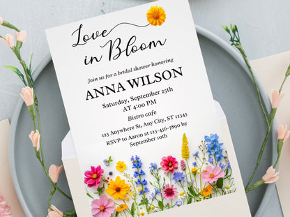 Vorlage für eine Einladung zur Brautparty mit Wildblumenmuster, Blumenparty (Sofort-Download)