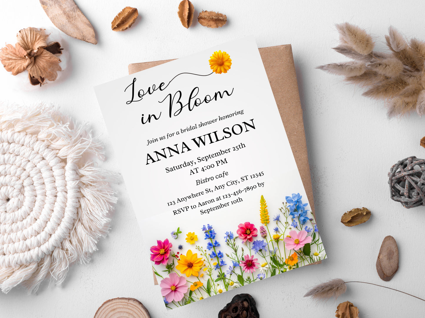 Vorlage für eine Einladung zur Brautparty mit Wildblumenmuster, Blumenparty (Sofort-Download)