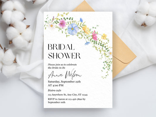 Editable Wildflower Bridal Shower Invitation, Boho Floral Template (Digital Download)