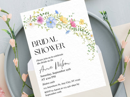 Editable Wildflower Bridal Shower Invitation, Boho Floral Template (Digital Download)