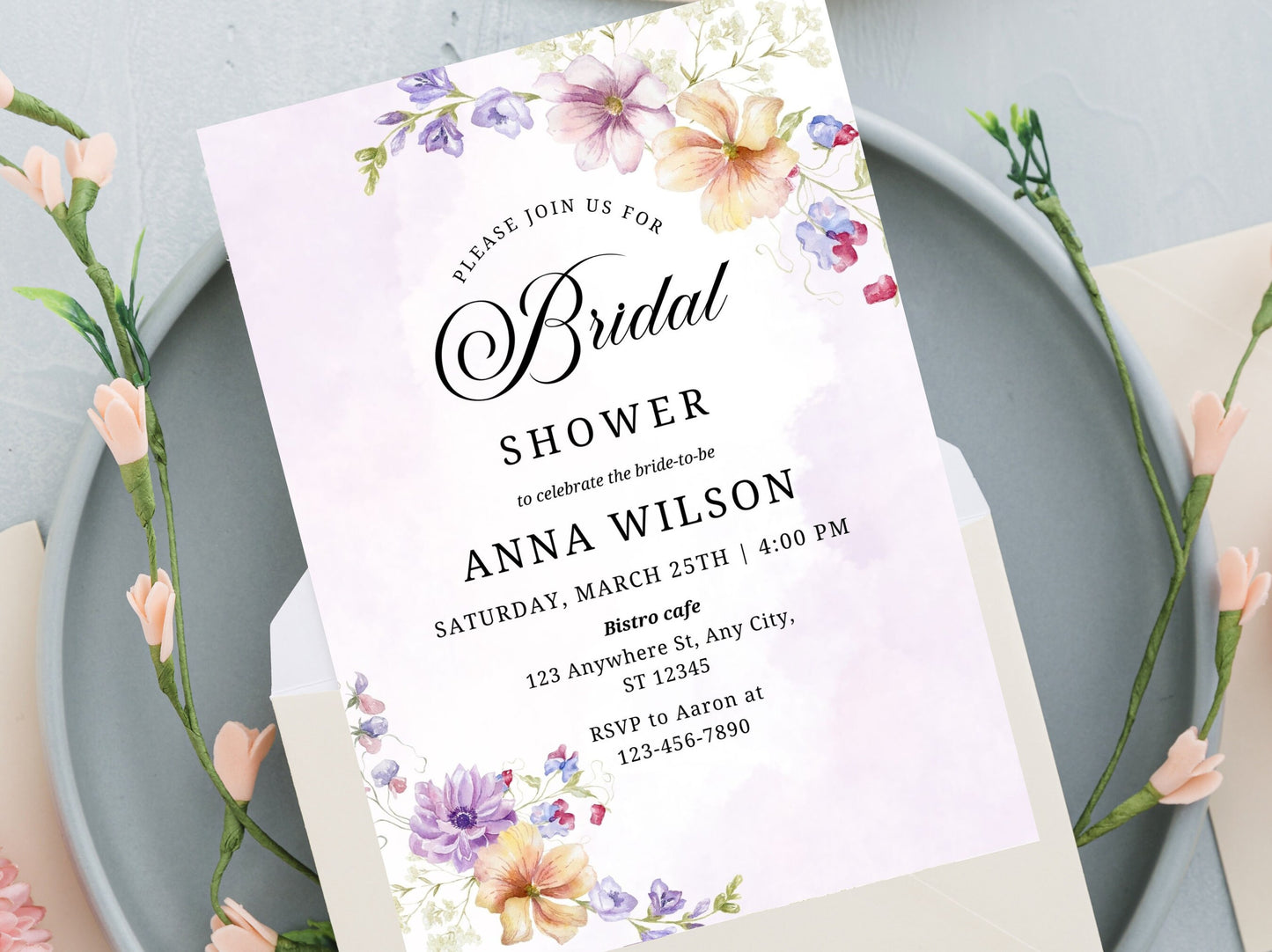 Wildflower Bridal Shower Invitation Template, Editable Floral Invite (Instant Download)