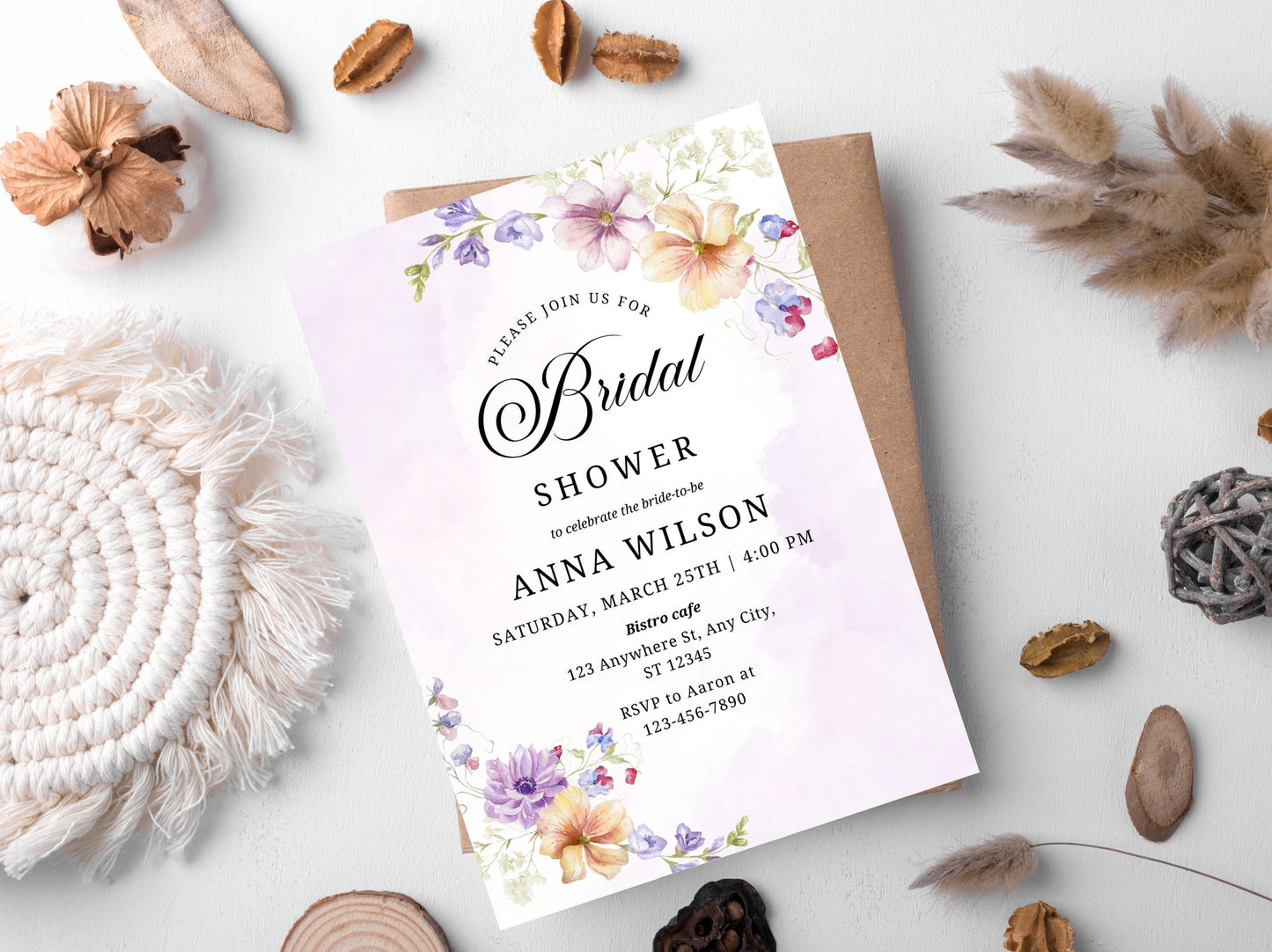 Wildflower Bridal Shower Invitation Template, Editable Floral Invite (Instant Download)